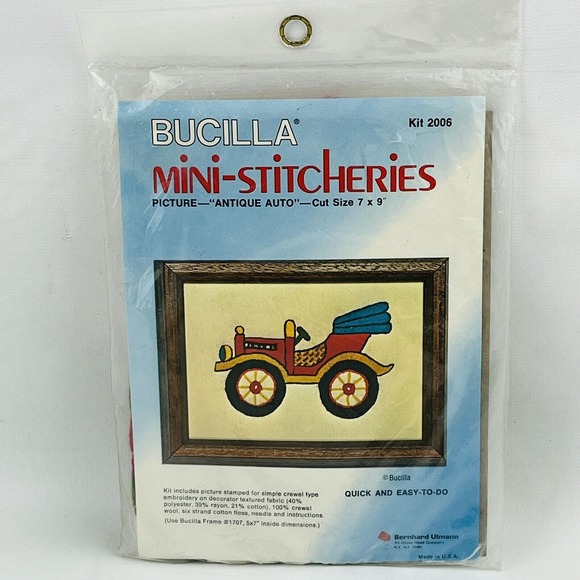 Vintage Bucilla 2006 Antique Auto Mini Stitcheries Crewel Embroidery Kit 5x7 - Picture 1 of 4